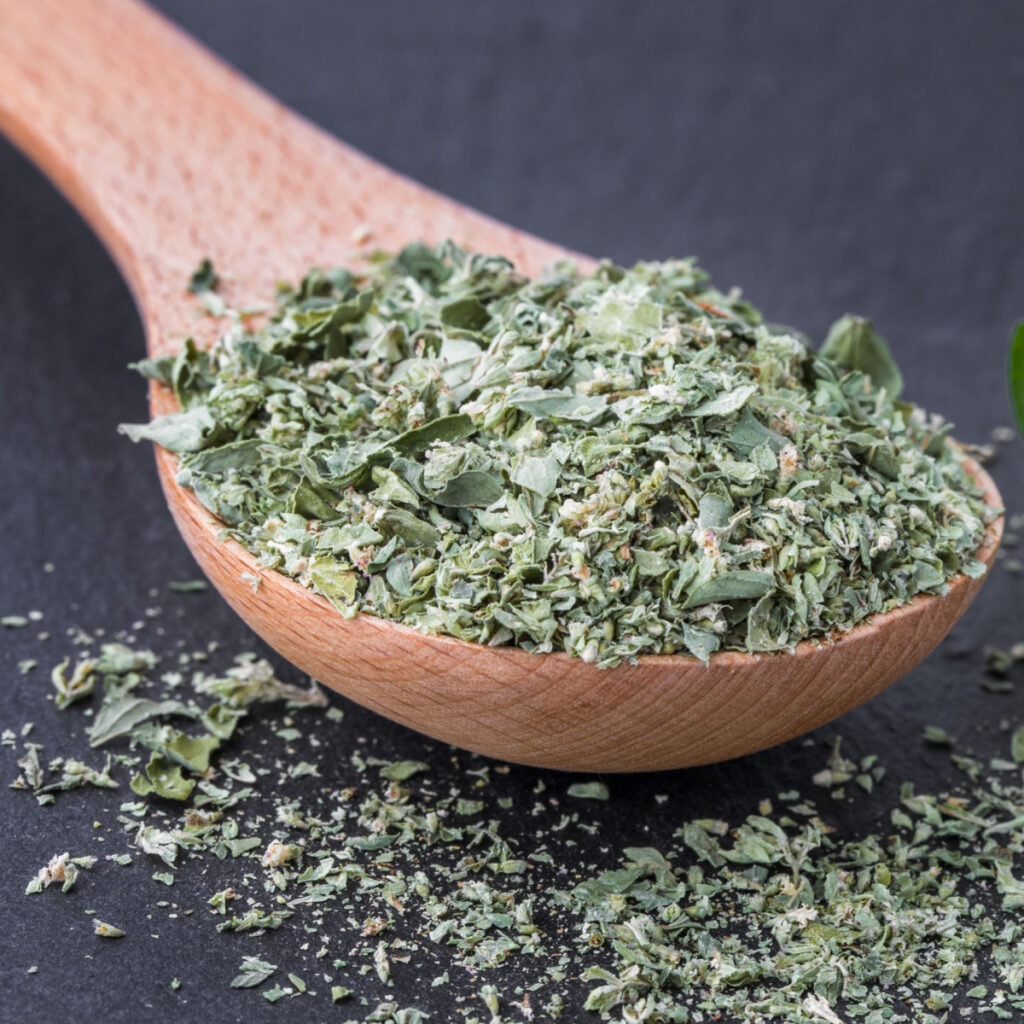 Dried Marjoram on a Wooden Spoon