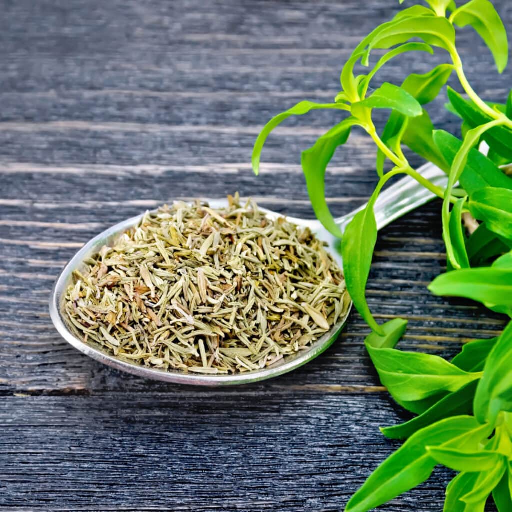 Fresh Leaves and Dried Summer Savory on a Metal Spoon, on Top of a Concrete Table