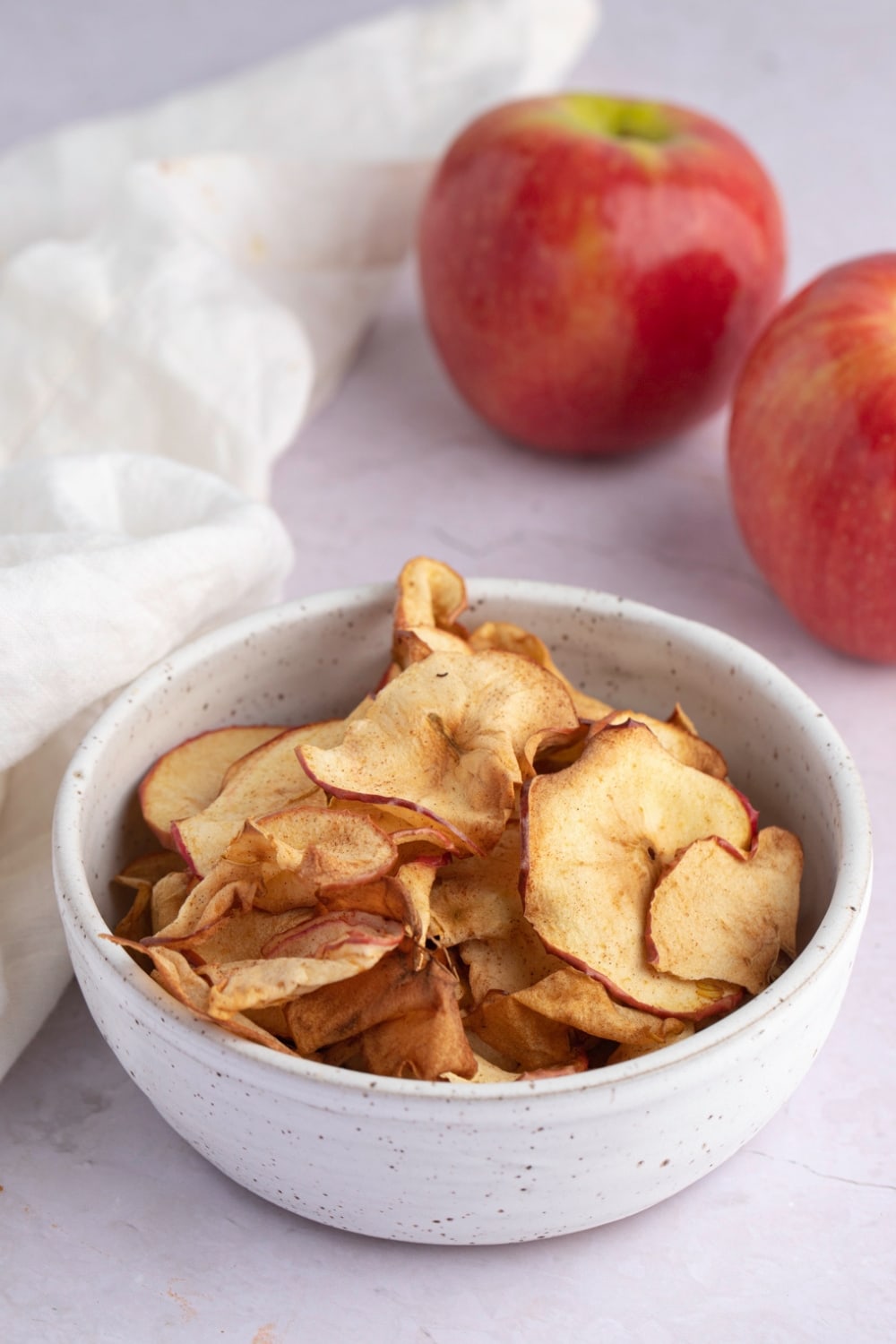 Sweet and Crisp Air Fryer Apple Chips on a bowl.