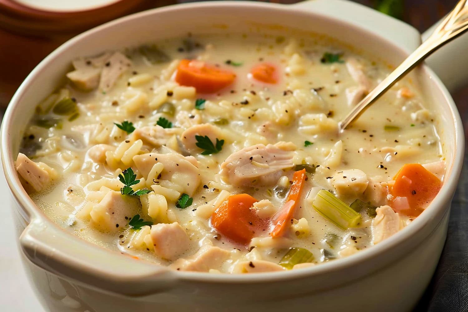 Creamy Chicken Rice Soup in a White Ceramic Bowl with a Spoon