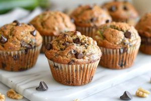 Seven Zucchini Chocolate Chip Muffins on a Marble Cutting Board on a White Marble Table