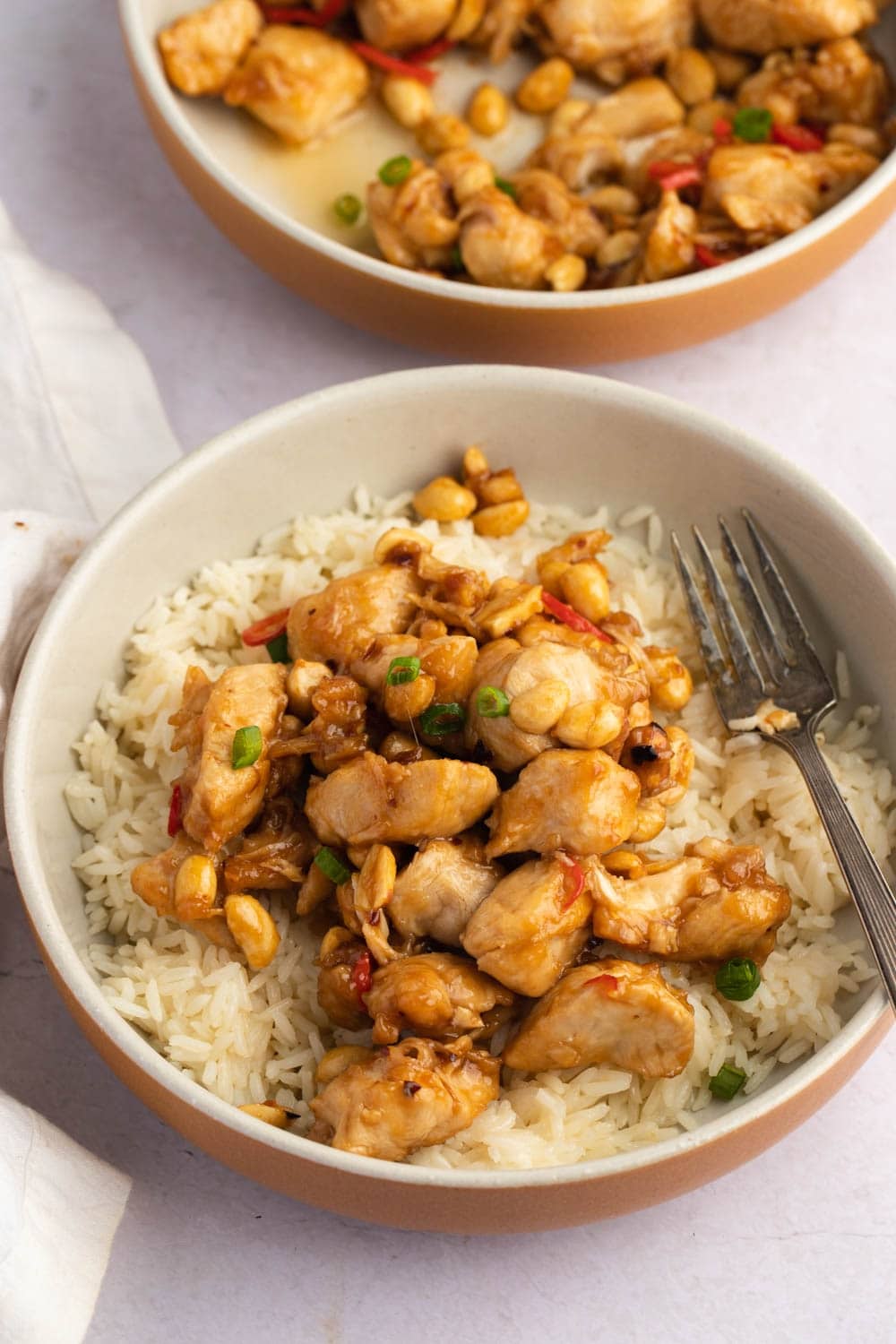 Top View of a Bowl of Homemade Princess Chicken with Rice Garnished With Nuts and Spices