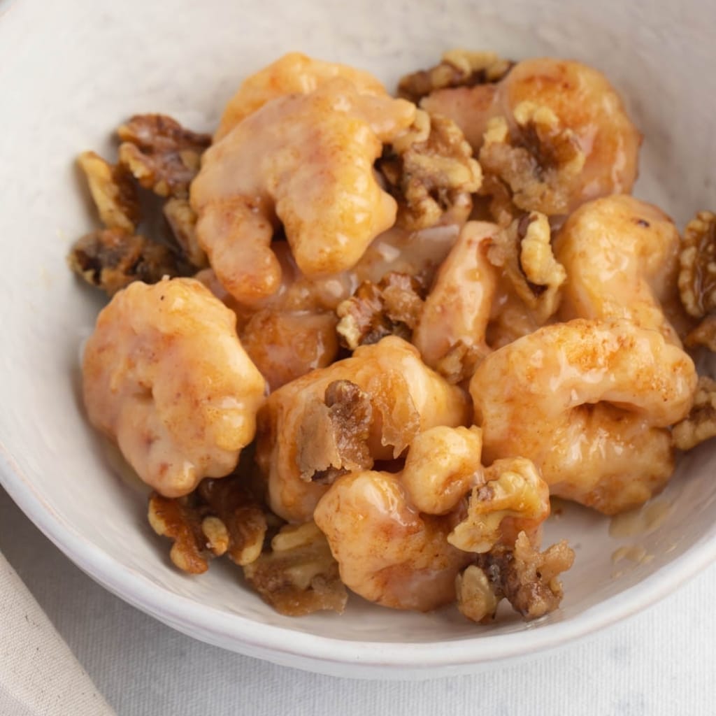 Closeup View of Homemade Honey Walnut Shrimp Served on a Bowl