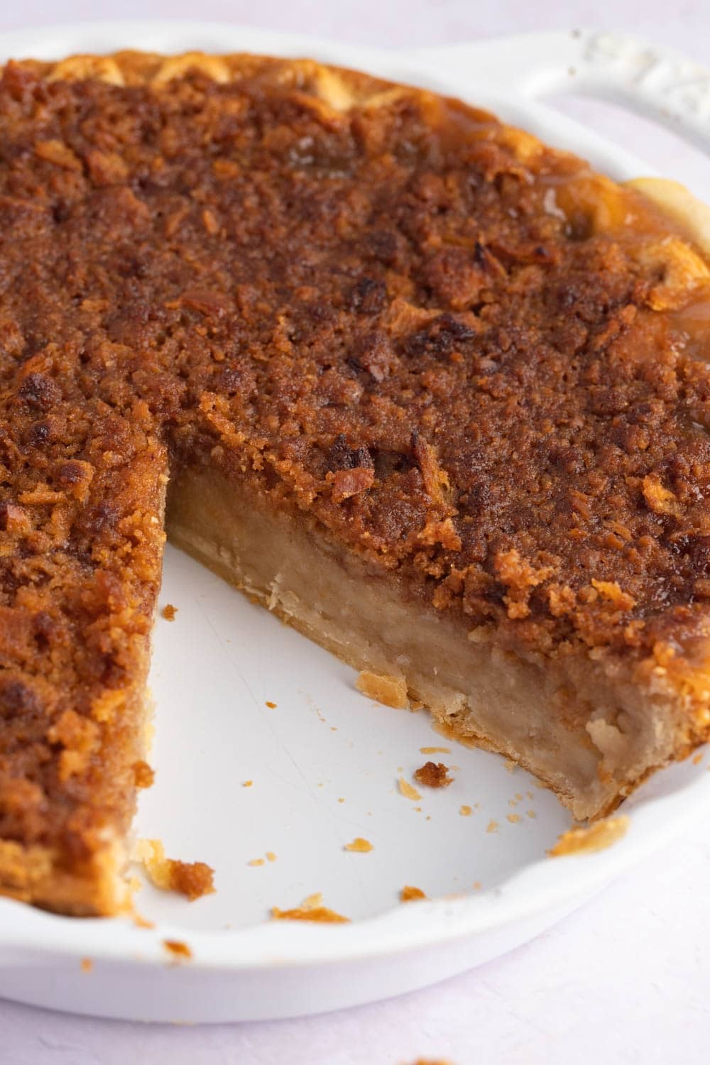 Closeup of a Homemade Mock Apple Pie in a White Casserole