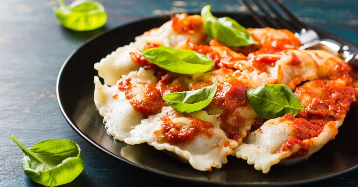 Homemade Ravioli with Tomato Sauce and Basil