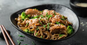 Homemade Soba Noodles with Tuna, Sesame Seeds and Teriyaki Sauce