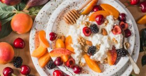 Homemade Stone Fruit Salad Including Ricotta Cheese, Blackberries, Peaches and Cherries