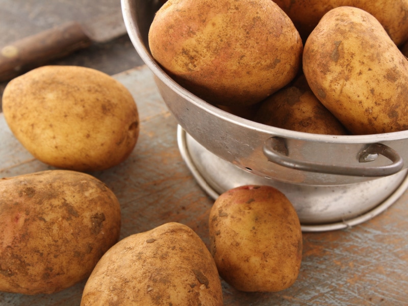 King Edward Potatoes in a Metal Colander