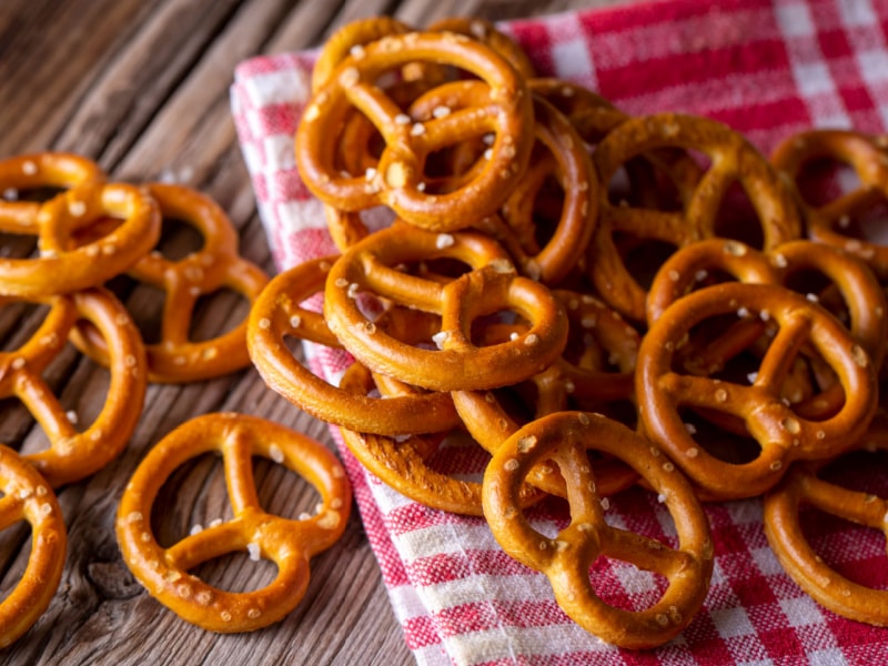 Bunch of Pretzels on a Table Cloth