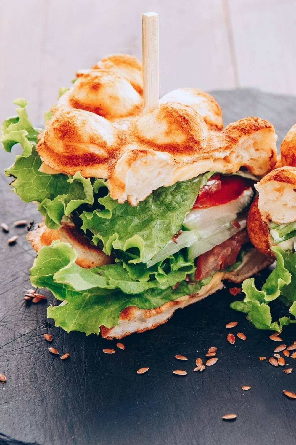 Stuffed Waffles with Cheese, Vegetables, Tomato, Cucumber, Greens and Flaxseed