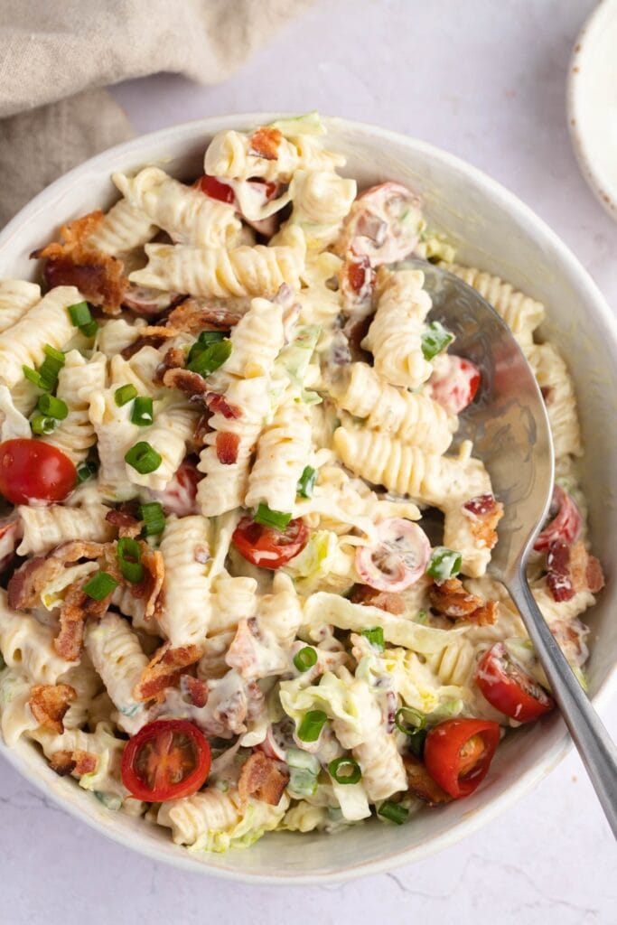 Bowl of Homemade BLT Pasta Salad