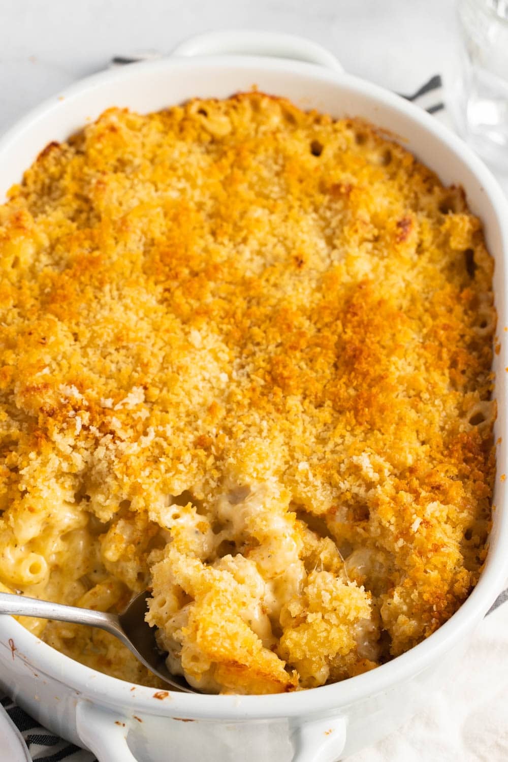 Mac and cheese in a casserole dish.