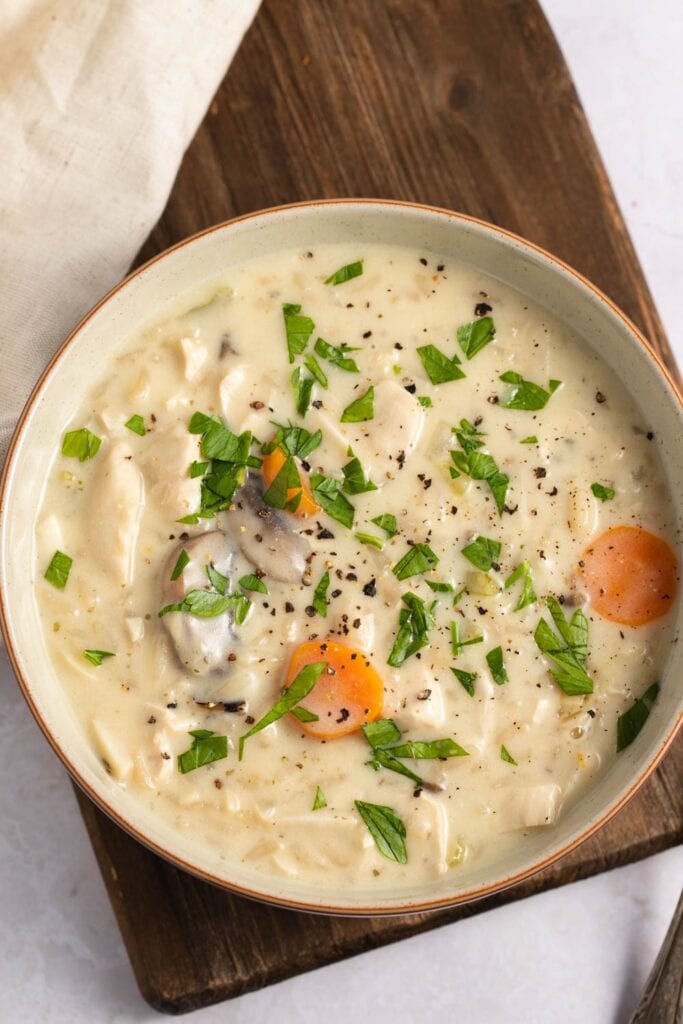 Creamy Homemade Chicken and Wild Rice Soup with Mushroom and Carrots