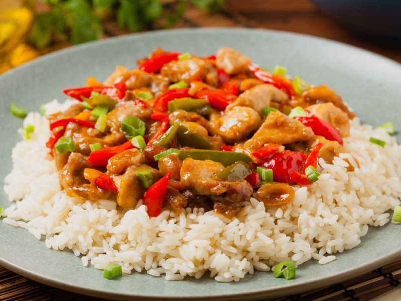 Kung Pao Chicken Topped on a White Rice