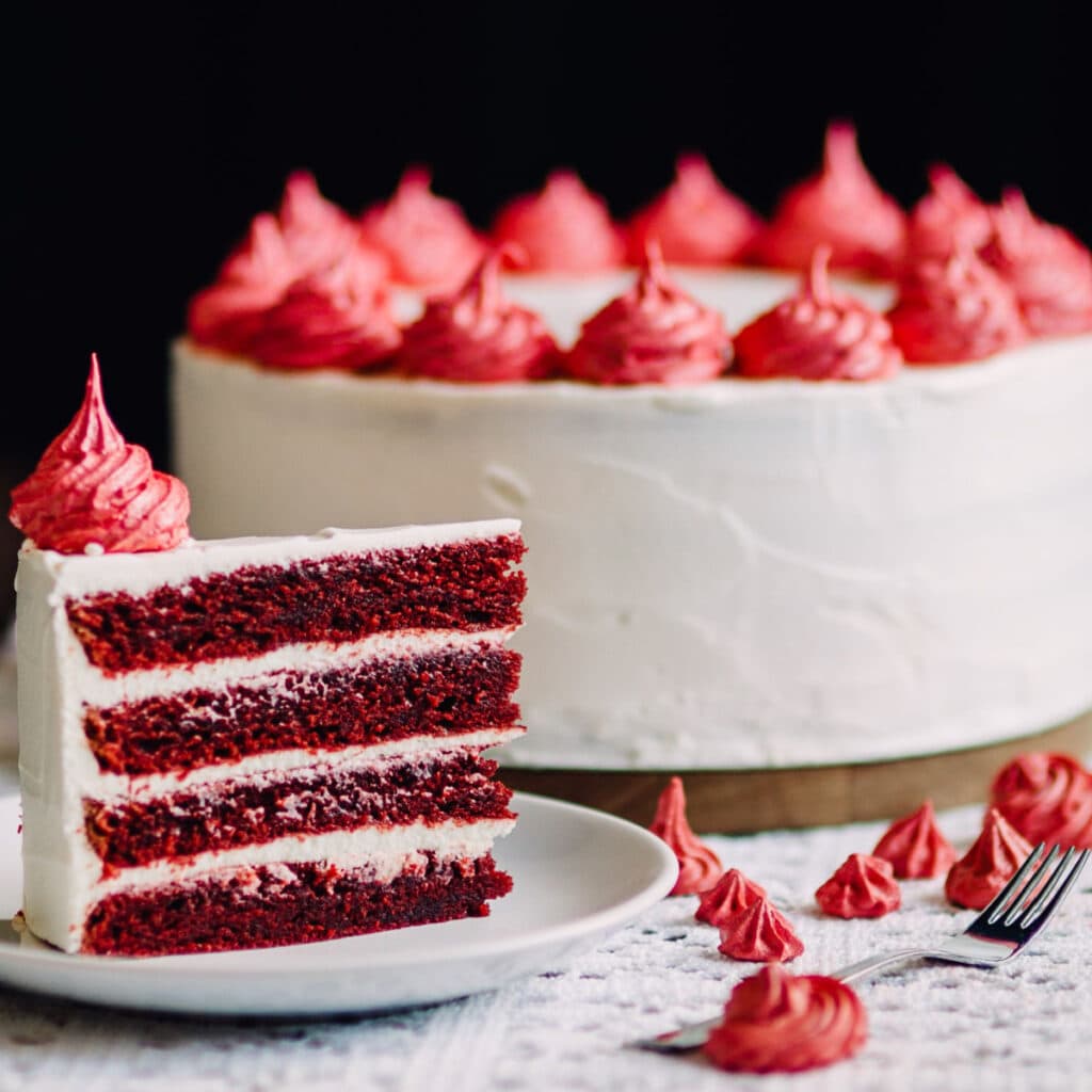 Red Velvet Cake Slice on a Saucer