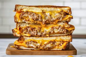 Three Cut Halves of Patty Melts with Gooey Cheese and Juicy Burgers Stacked on a Wooden Cutting Board on a White Marble Table