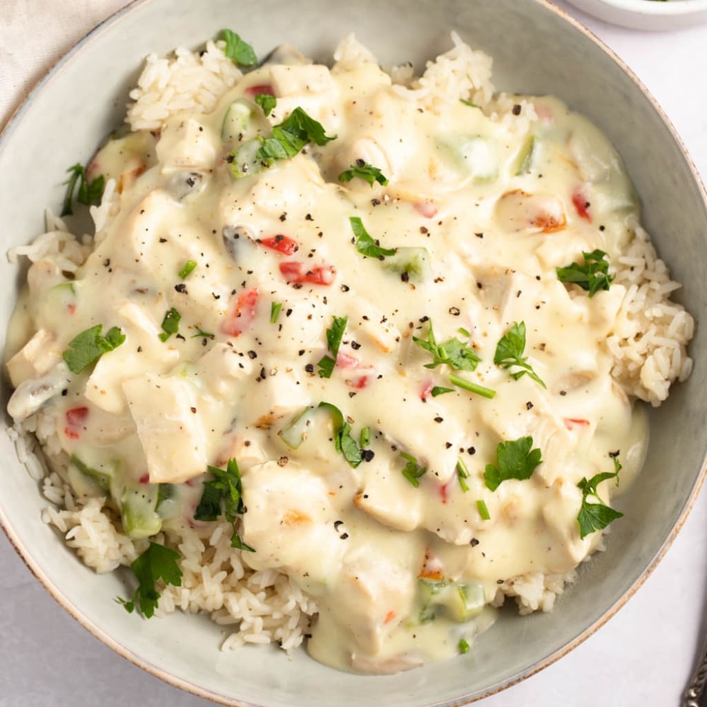 Bowl of Chicken a la King with Mushroom and Green Bell Pepper