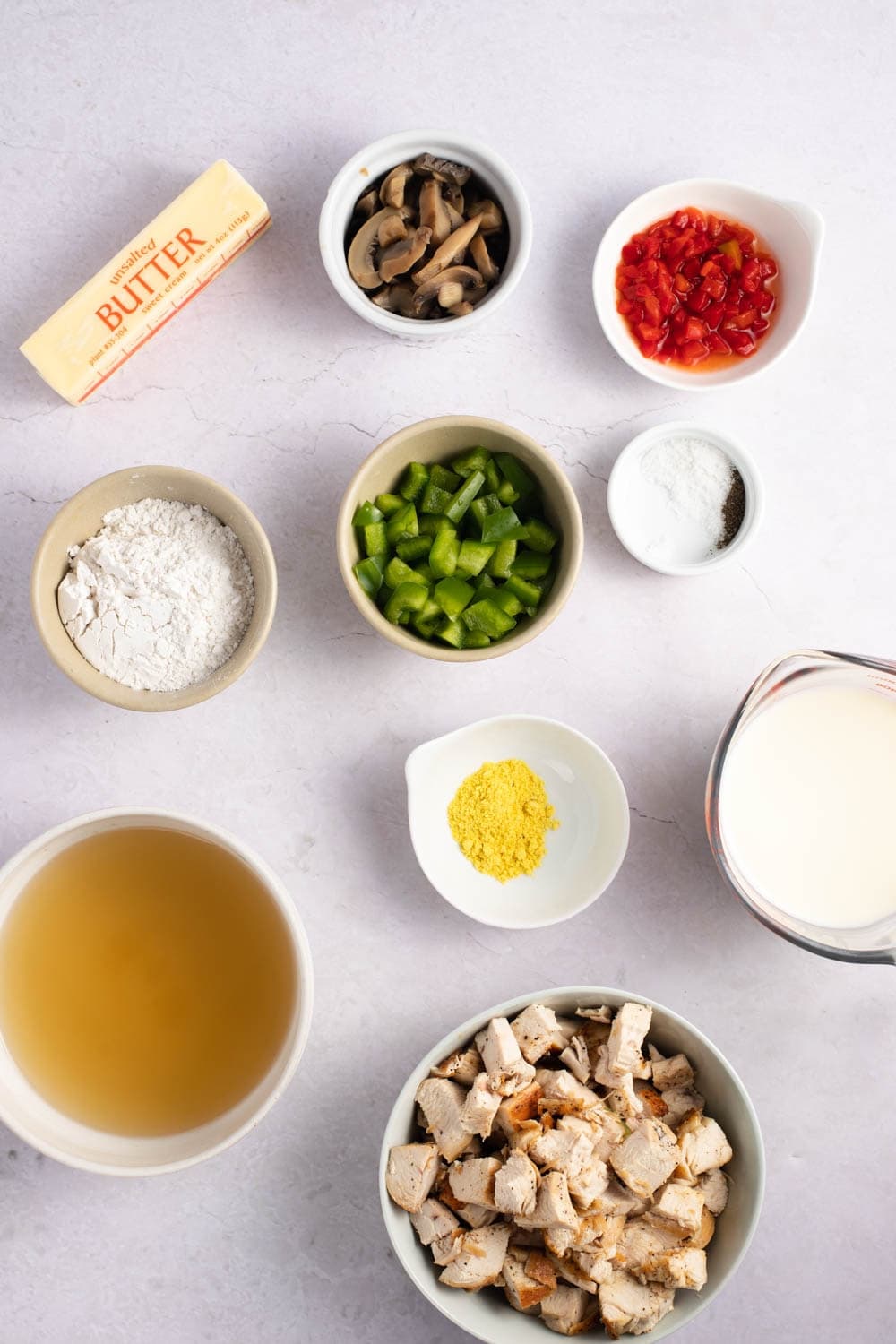 Chicken a la King Ingredients - Butter, Mushroom, Green Bell Pepper, Chicken Breast, Flour, Salt and Pepper