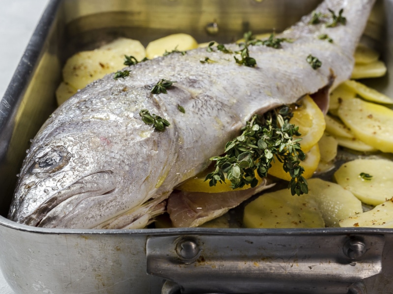 Fresh Corvina Garnished With Herbs and Lemon Slices
