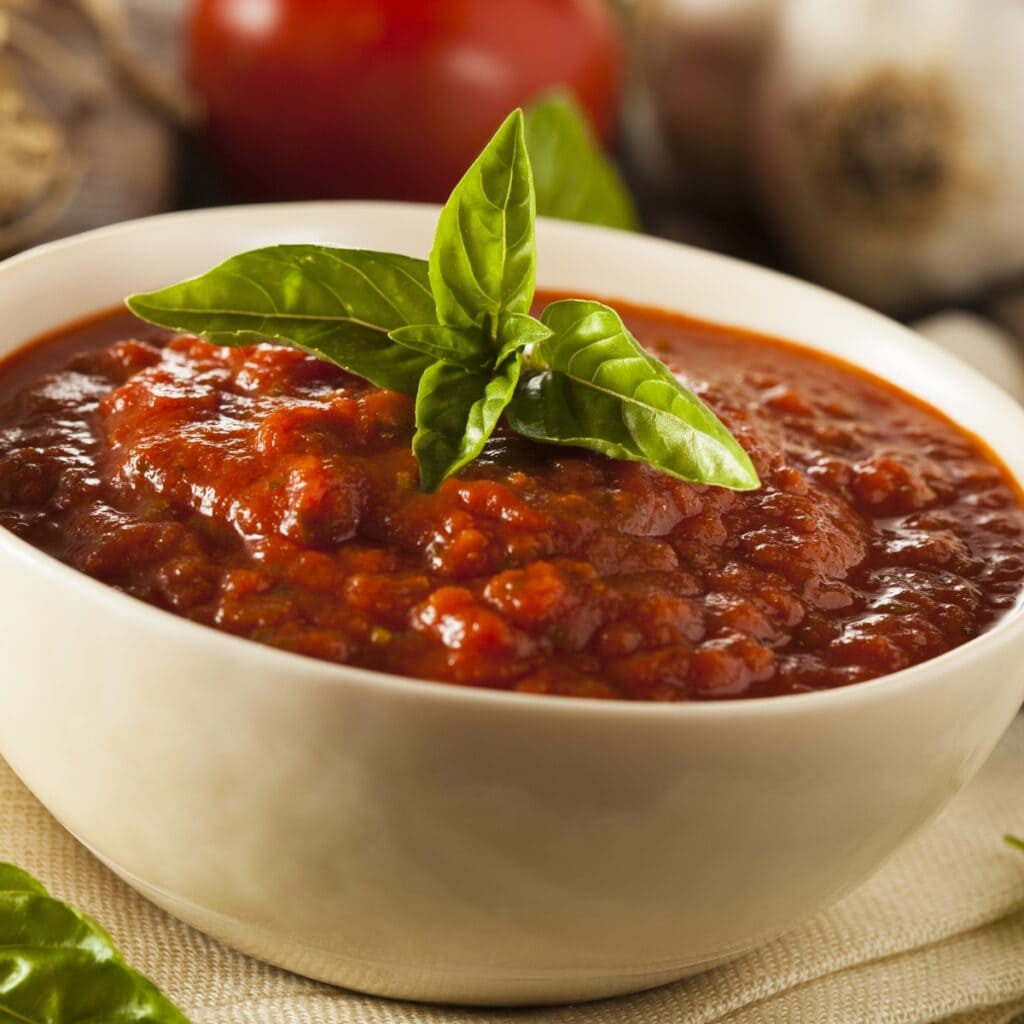 Homemade Marinara Sauce on a White Ceramic Bowl