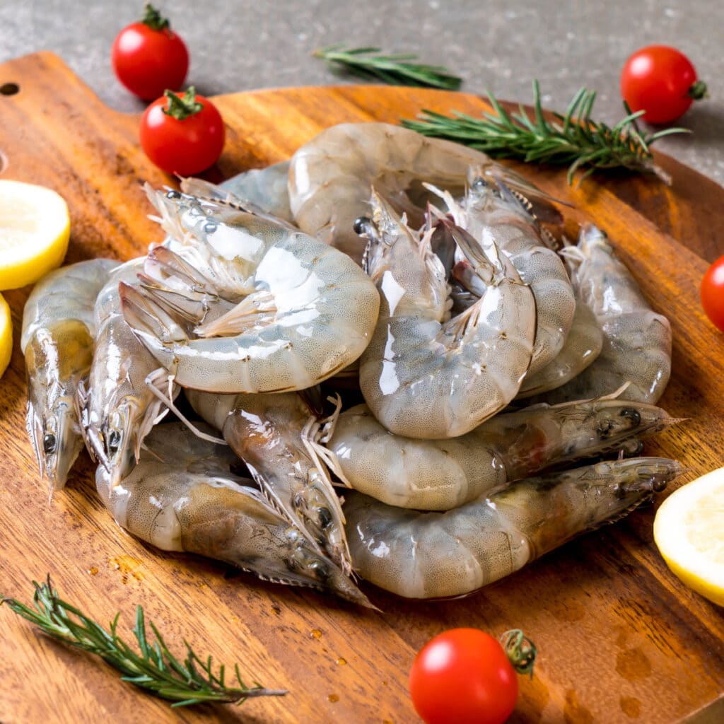 Fresh Shrimp on a Wooden Cutting Board