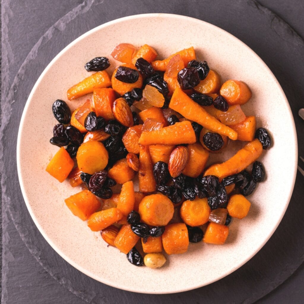 Traditional Tzimmes Dish Top View on a Plate