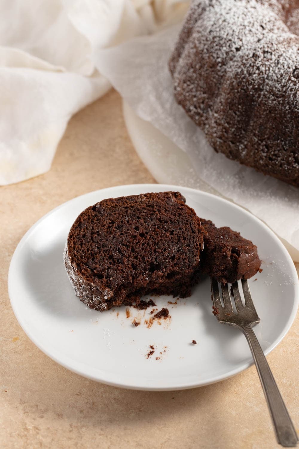 A Slice of Chocolate Kahlua Cake with Powdered Sugar