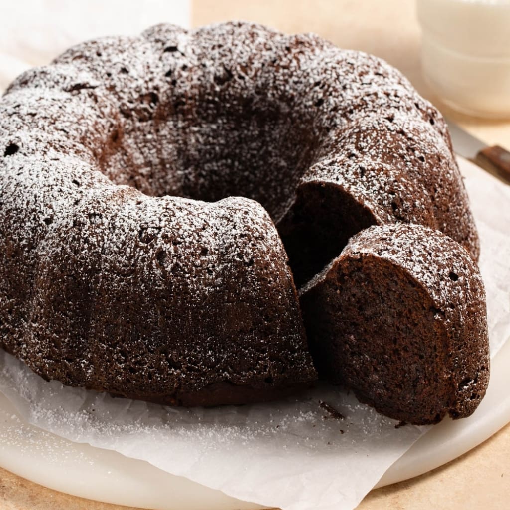 Homemade Chocolate Kahlua Bundt Cake with Powdered Sugar