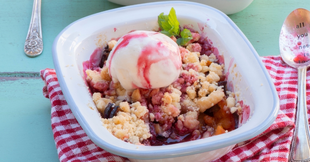 Homemade Plum Crumble with Ice Cream Scoop