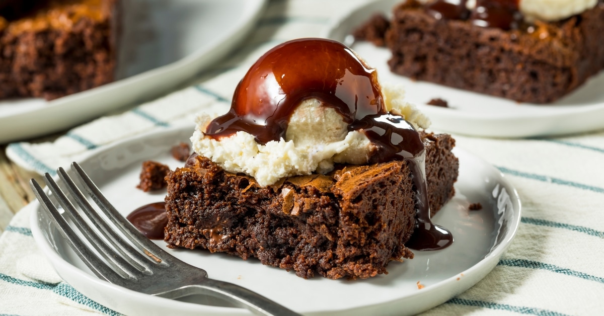 Homemade Brownies with Ice Cream and Chocolate Sauce