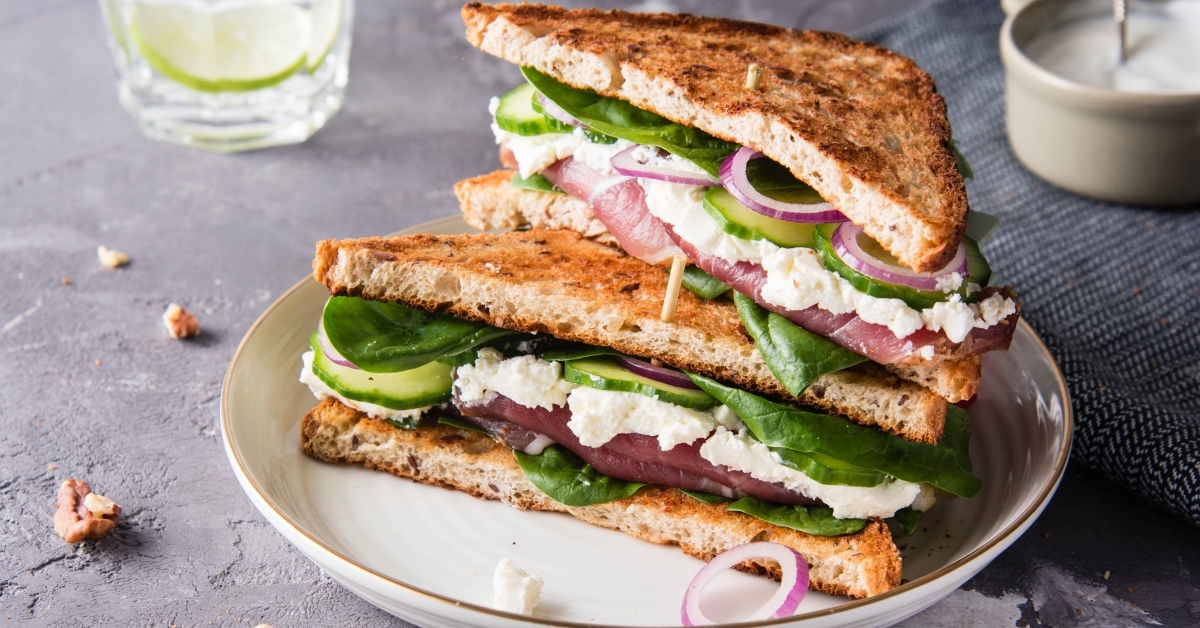 Homemade Cream Cheese Sandwich with Ham and Spinach