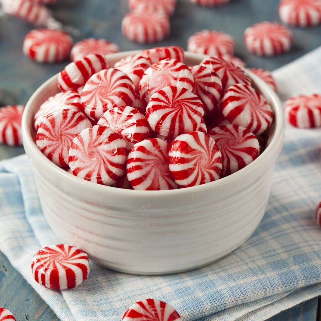 Sweet Red and White Peppermint Candy in Bowl