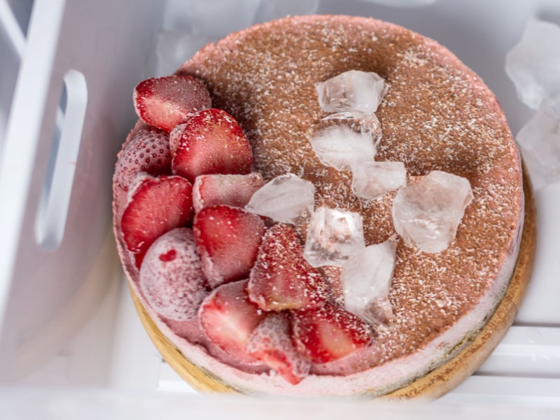 Freezer-Burnt Frozen Strawberry Cake with Ice on Top