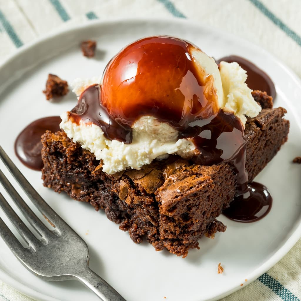 Homemade Brownies with Ice Cream and Chocolate Sauce