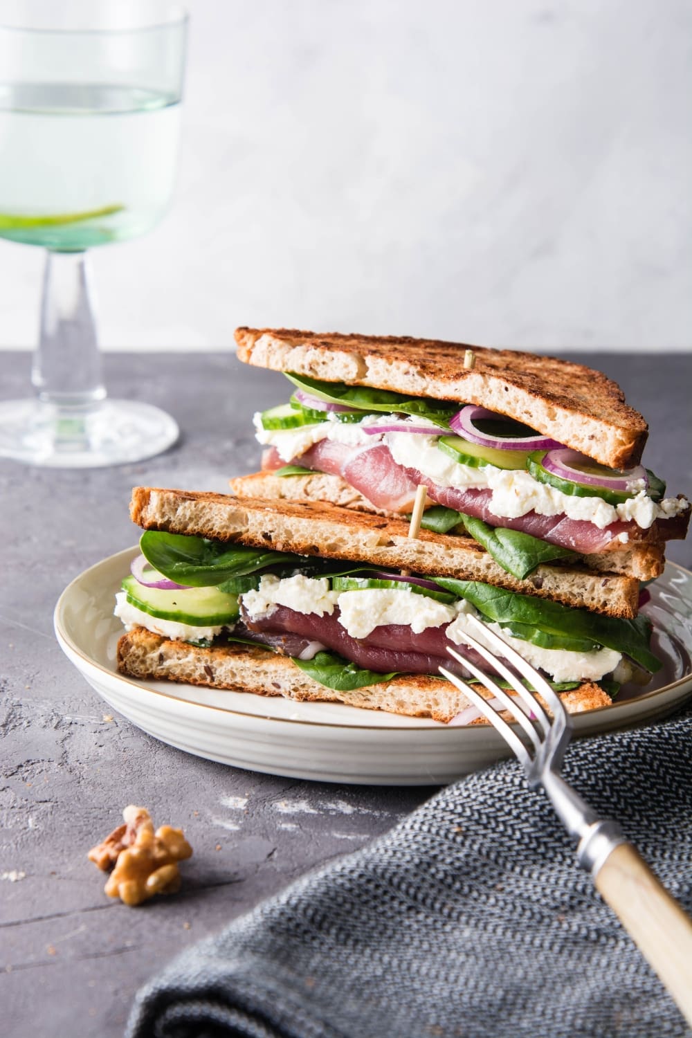 Homemade Cream Cheese Sandwich with Ham and Spinach