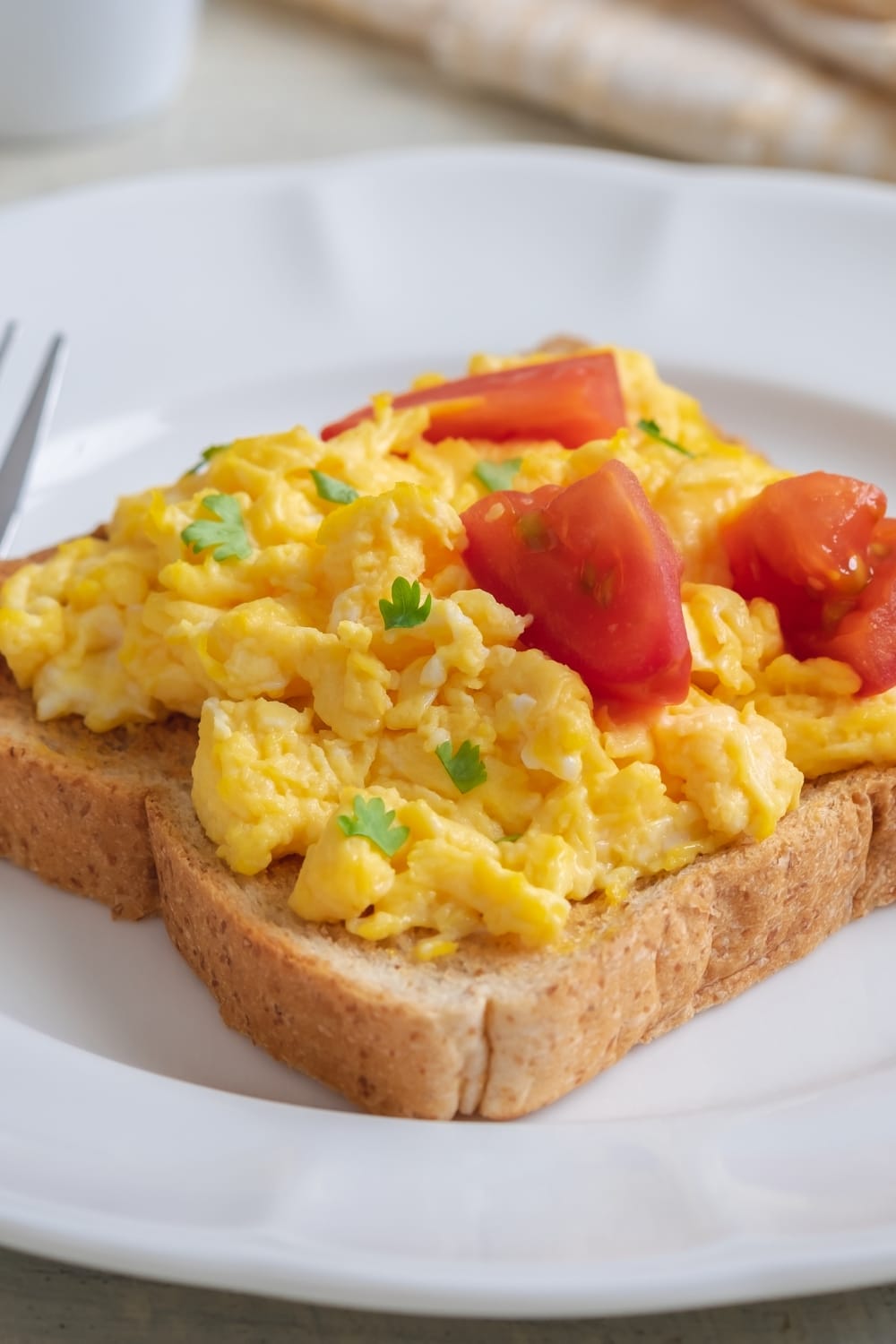 Homemade Scrambled Eggs with Tomatoes and Bread