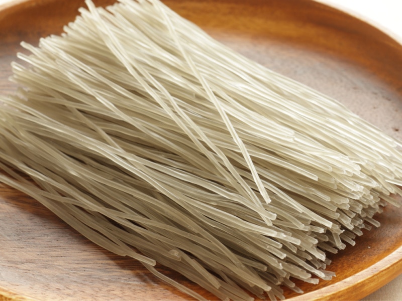 Raw Uncooked Japchae on a Wooden Tray