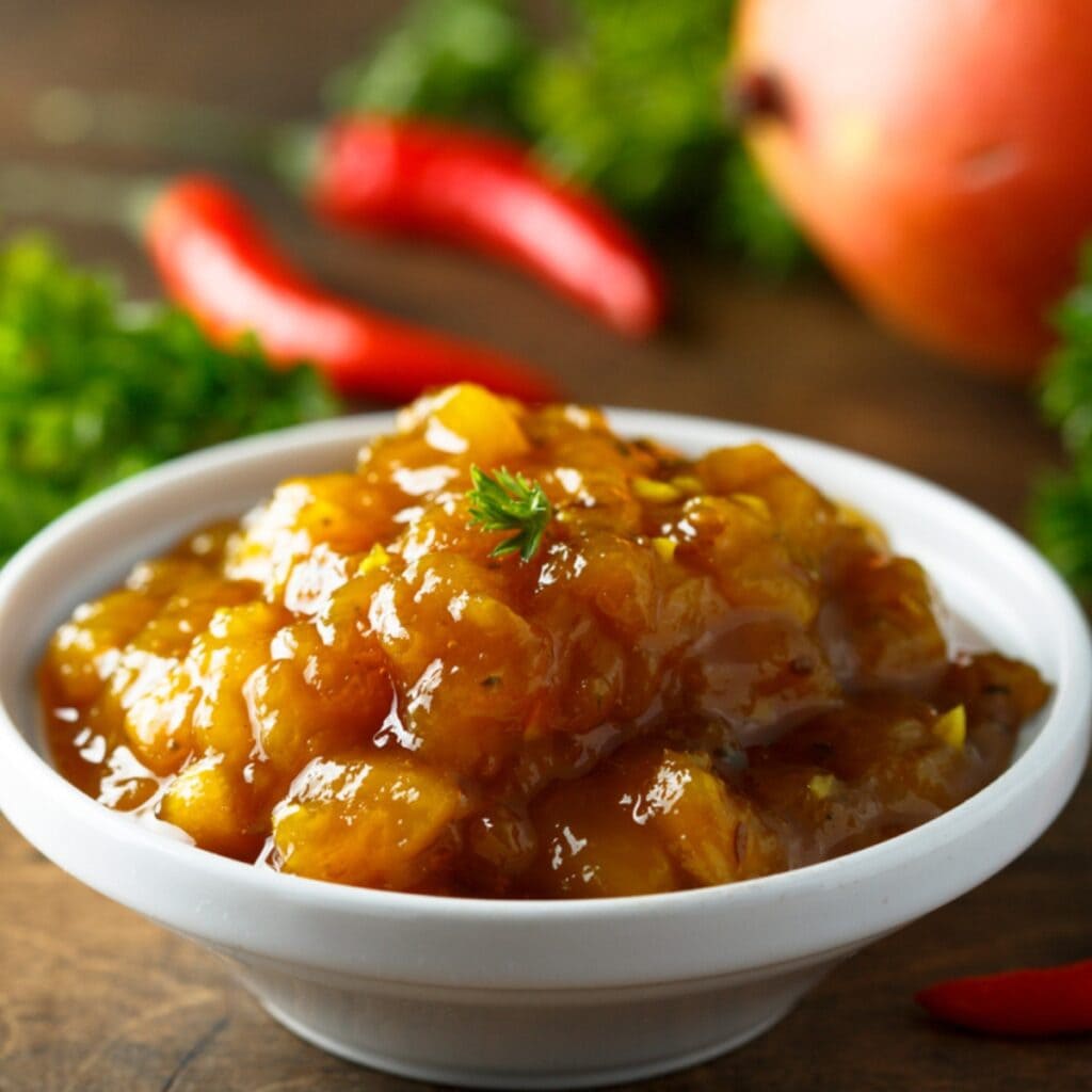 Homemade Mango Chutney in a White Serving Bowl with Fresh Mango, Parsley, and Chilis in Background