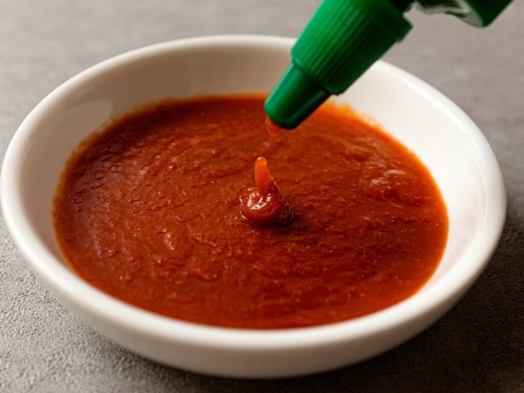 Sriracha Poured From a Bottle to a Small Dipping Dish