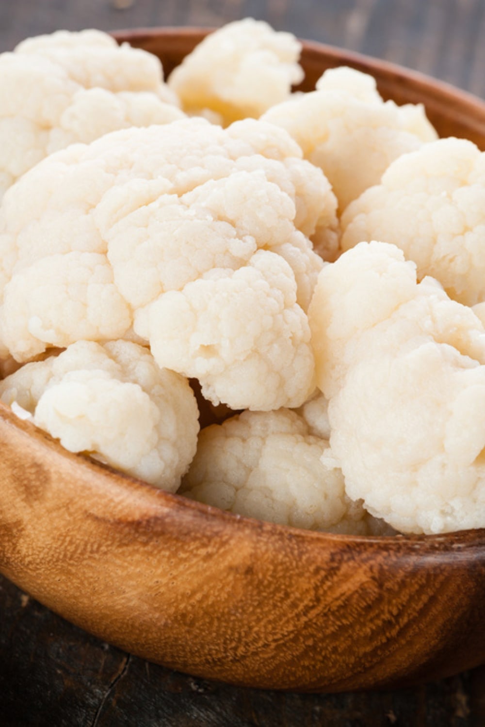 Microwave Steamed Cauliflower in a Wooden Bowl