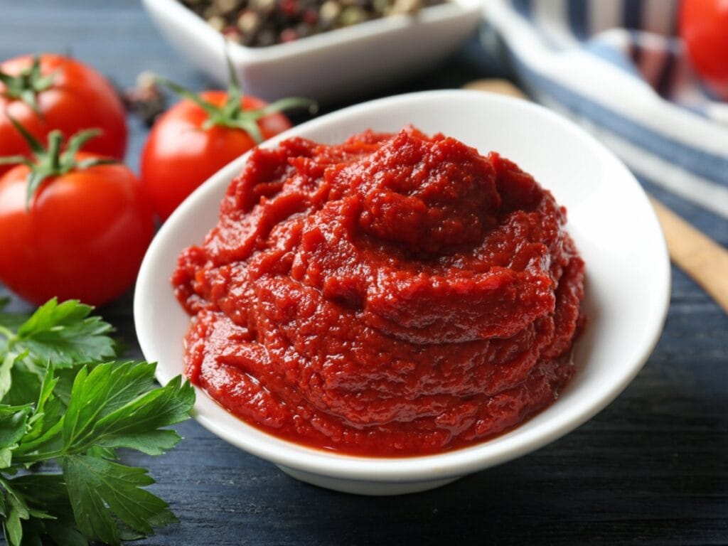 Ceramic Bowl With Tomato Sauce And Ingredients On Wooden Table