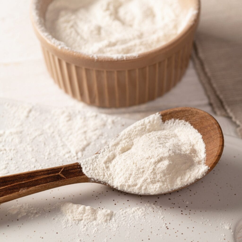 Xanthan Gum on a Wooden Spoon and in a Brown Bowl