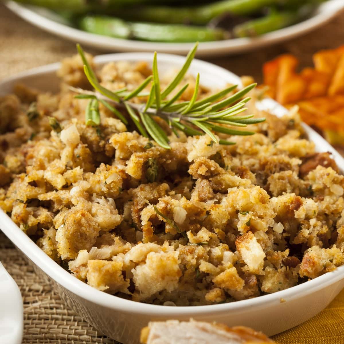 Homemade Cornbread Dressing in a White Casserole