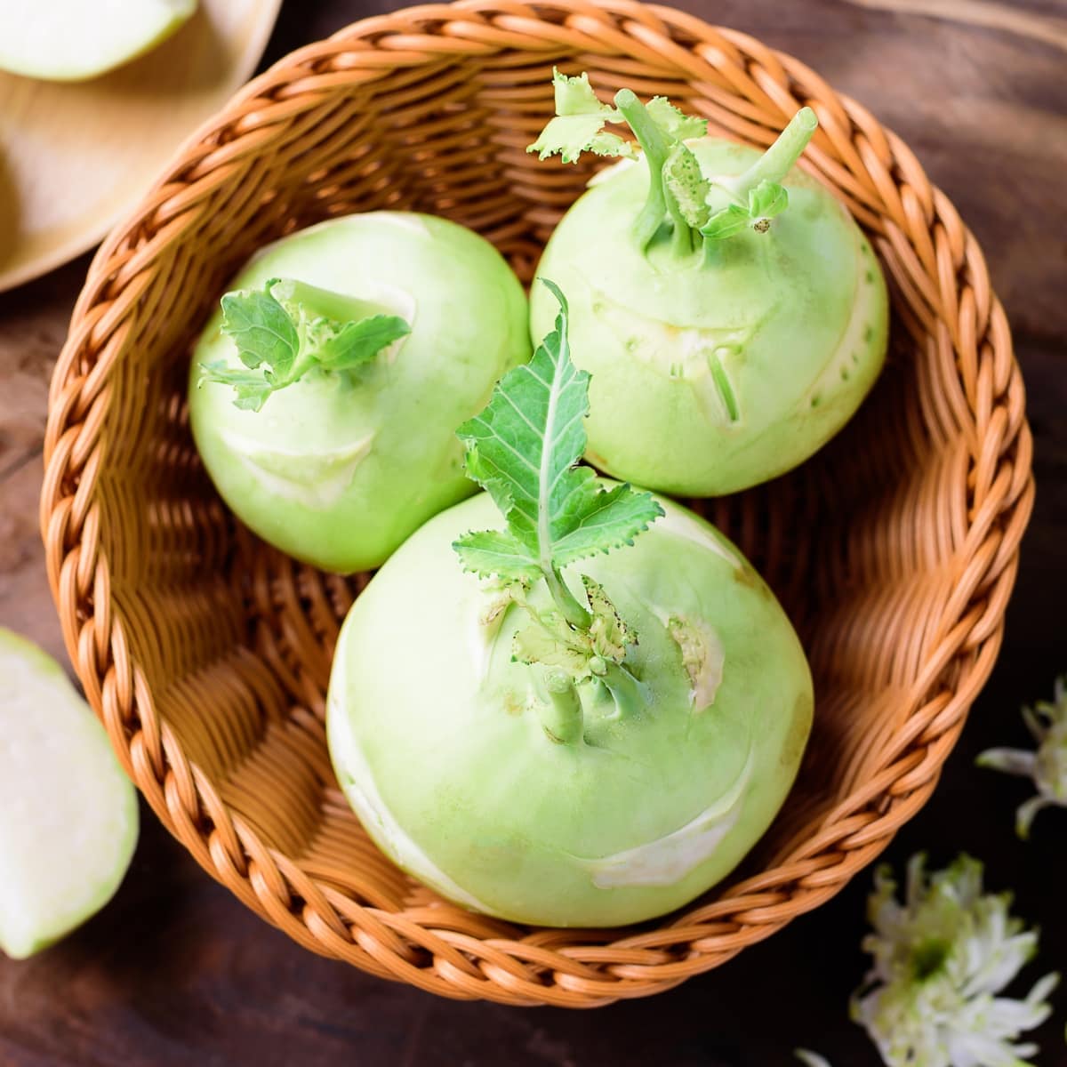 3 Fresh Kohlrabi Roots in a Basket