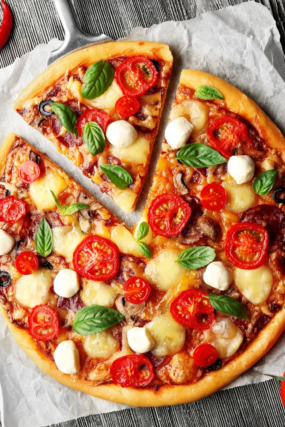 Freshly Cooked Homemade Pizza with Lots of Toppings and a Slice Cut Out on Parchment Paper