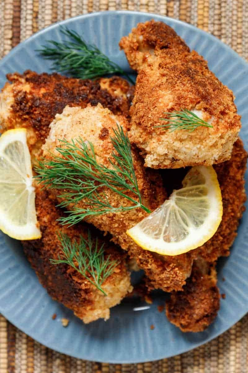 Breaded fried chicken in plate. 