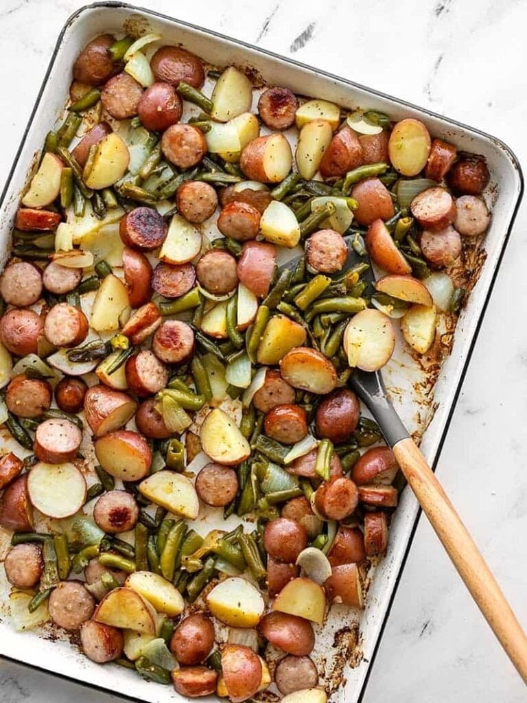 Sheet Pan Kielbasa Potatoes and Green Beans 