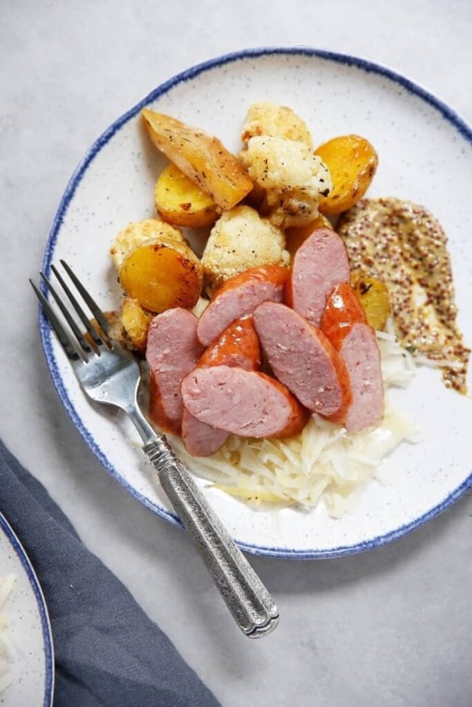 Sheet Pan Kielbasa Sausage and Sauerkraut Dinner 