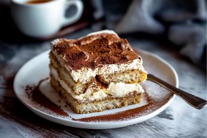 Close up of a Slice of Tiramisu with Layers of Ladyfinger Cookies, Mascarpone Whipped Cream, and Cocoa Powder Dusting on a Plate with a Mug of Coffee in the Background