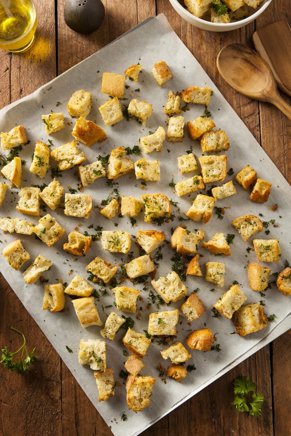 Homemade Croutons in Baking Sheet 